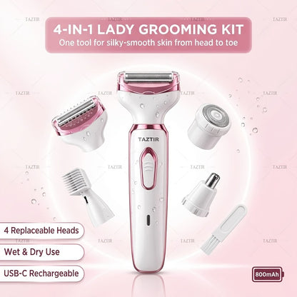 Electric Razor for Women 4-in-1 Rechargeable Grooming Kit - Lady Shaver Bikini Trimmer for Face Nose Legs Underarm Wet Dry Painless Hair Removal Portable Gift Set
