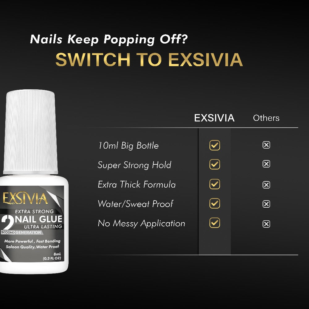 Super Strong Nail Glue for Press On Nails, Acrylic Nails & Nail Tips Exsivia 2nd Gen NailBond for Fake Nails, Extra Strength,Long Lasting, Brush on Adhesive, No Dehydrator or Primer Needed