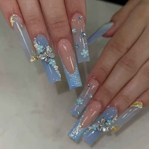 (100pcs) 4Pack Glossy Long Ballerina Fake Nails And 4pcs Bracelet Blue Gradient Press on Nails with 3D Flower Butterfly Rhinestone Design Beads Bangle Sparkling Full Cover False Nails for Women