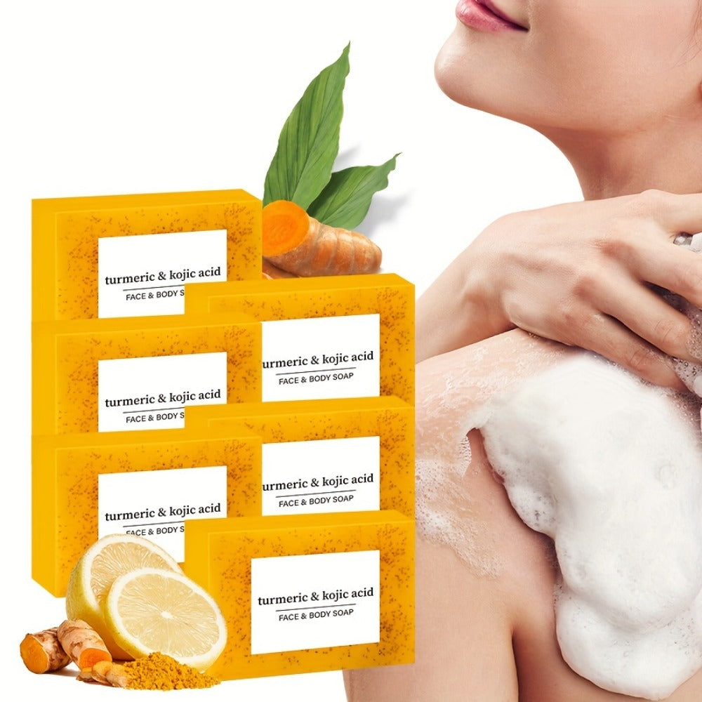 6/12pcs Turmeric Soap Set with Lemon, Turmeric Cleansing Soap, Body Soap, Handmade, Alcohol-Free, Great for Facial And Body Cleansing, Exfoliating Bath Soap, with Two Lathering Screens, Oil Control