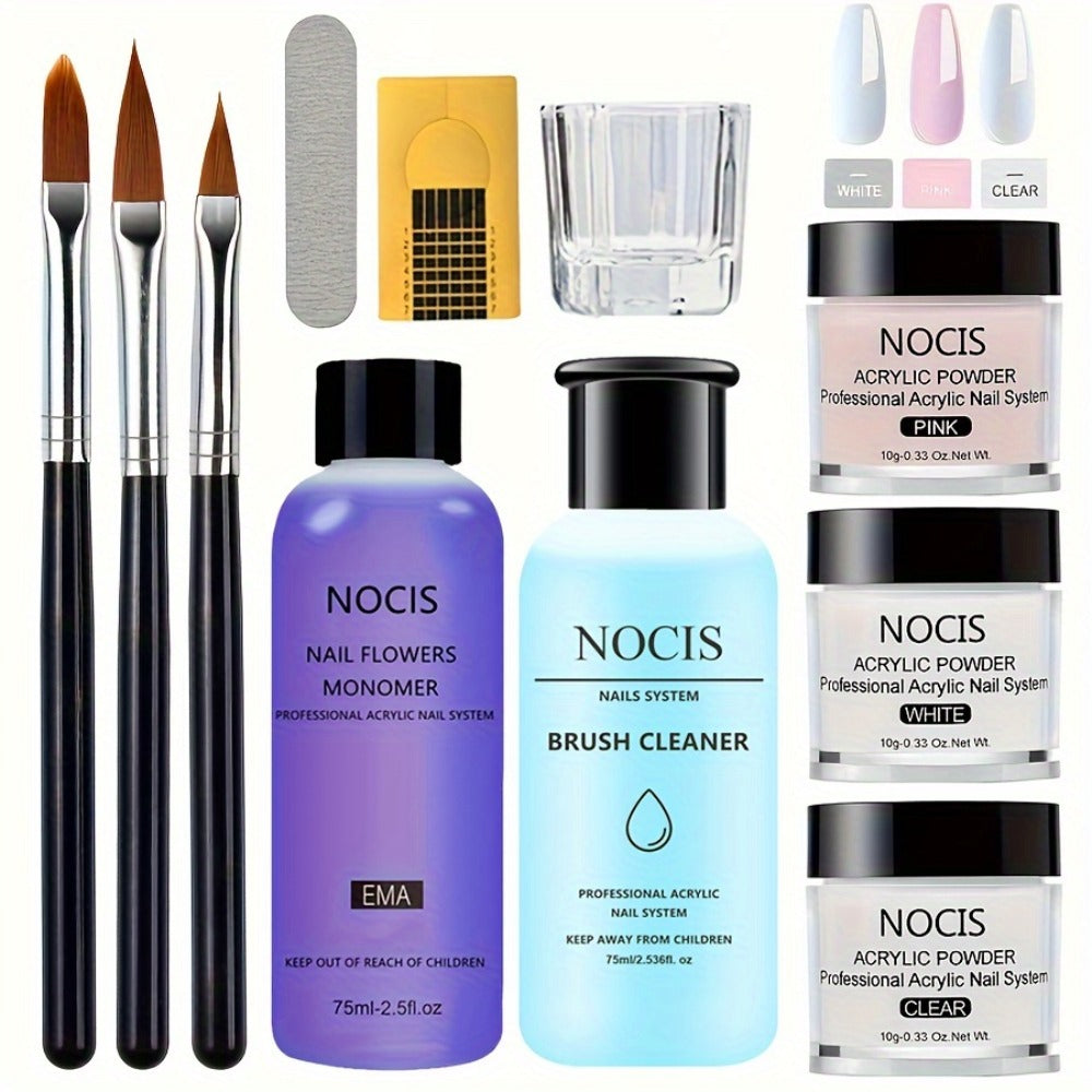 1 Set NOCIS Acrylic Nail Kit - Clear Pinkish Nude Powder, Non-Yellowing Liquid, Brush Cleaner & Professional Nail Art Tools for Salon-Quality Home Manicure, Unscented, Nail Accessories