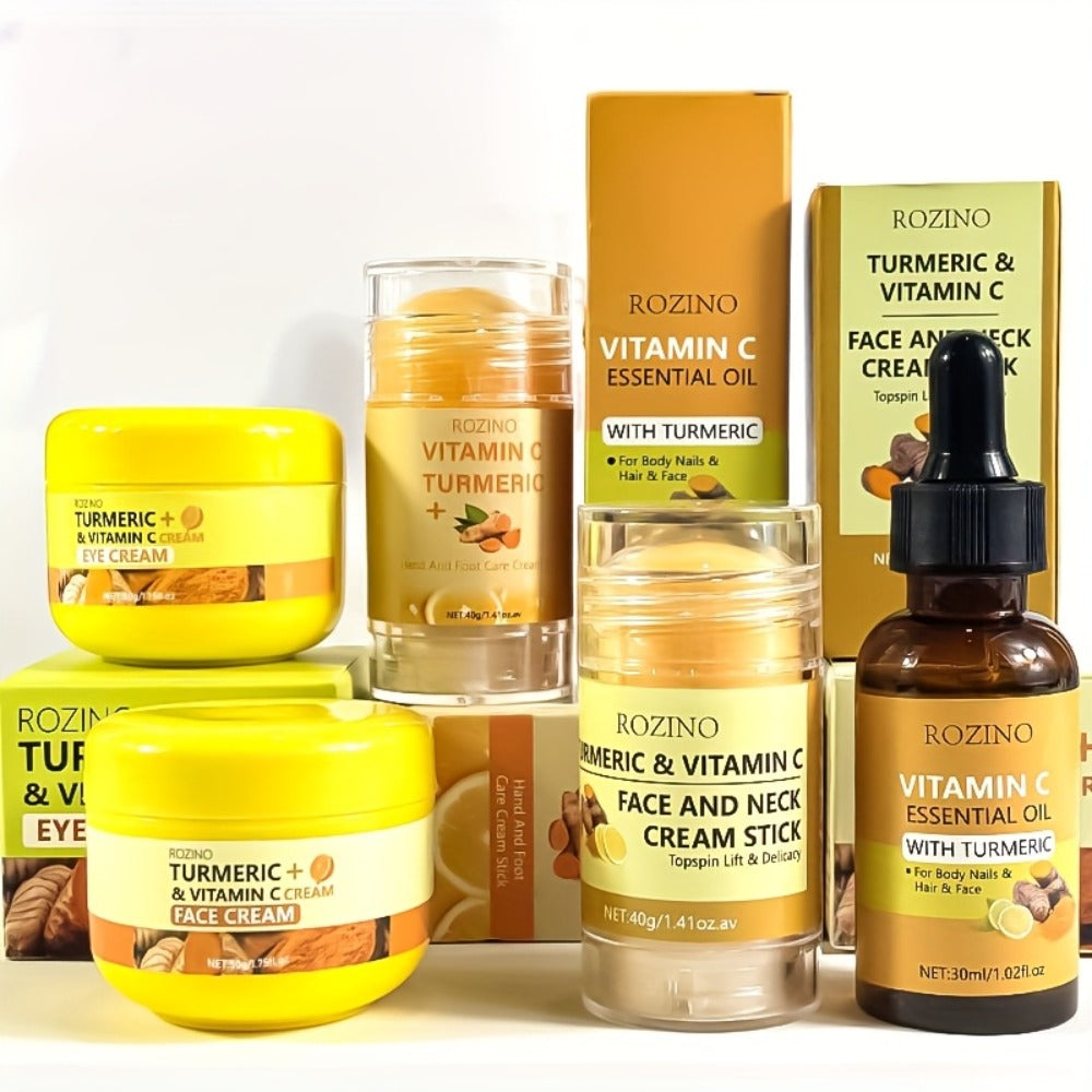 5pcs Turmeric Vitamin C Facial and Hand Foot Care Set, Hydrating Moisturizing Cream with Fine Texture, Instant Hydration, Brightening, Plumping Light Beige, Softens, Smooths, and Balances Light Beige