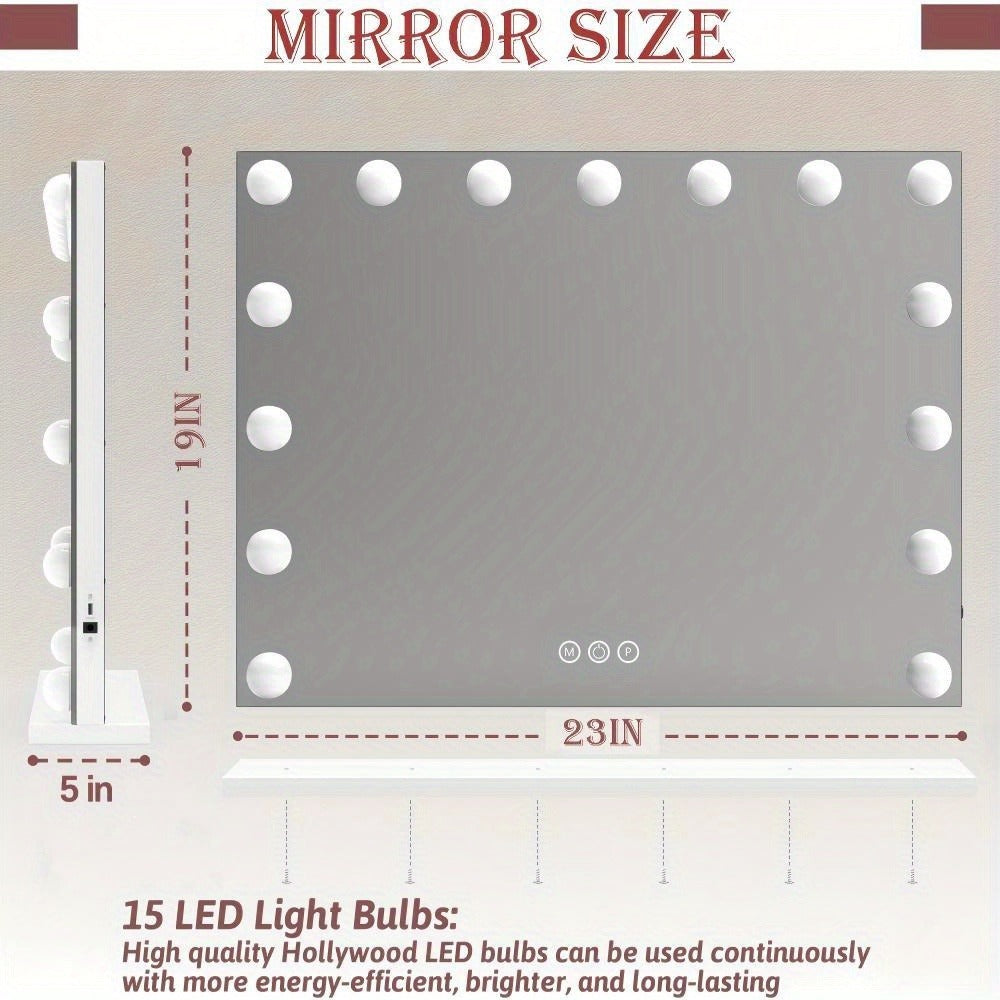 Vanity Makeup Mirror with Lights: Hollywood Mirror with 15LED Bulbs - Large 23"x19" Desk Mirror for Wall, Dimmable 3 Lighting Modes, USB Charger Port, White