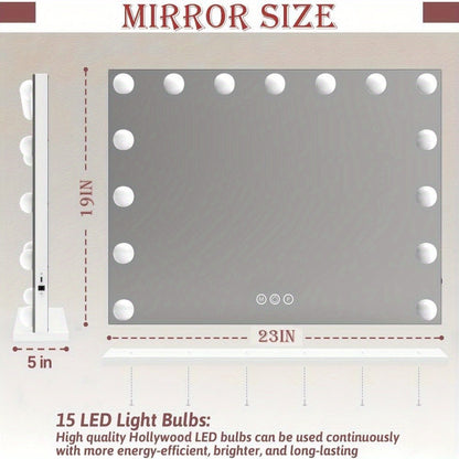 Hollywood Vanity Mirror with Lights - 15 LED Bulbs Large 23x19 Inch Makeup Mirror, 3 Color Dimmable Lighting, Wall Mounted or Tabletop, USB Port, Brightness Memory, White