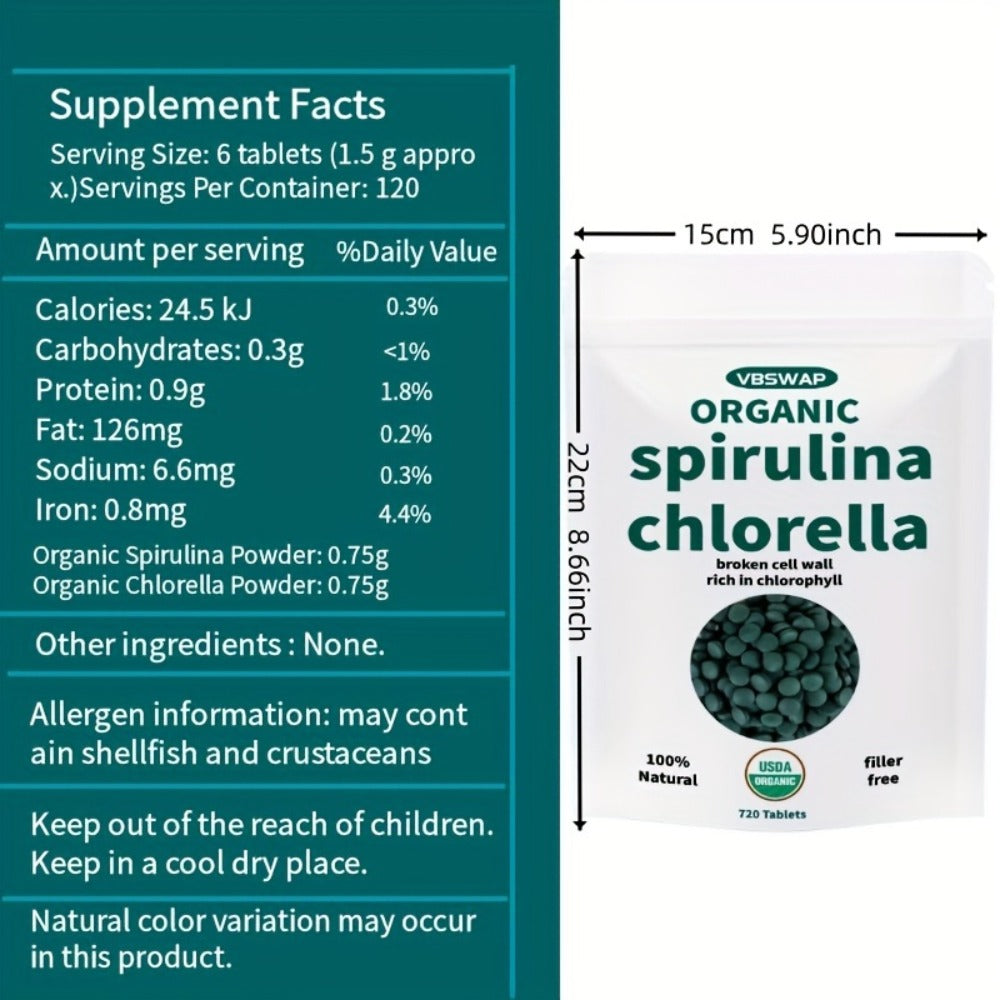 Organic Chlorella Spirulina Tablets, 720 Counts, 4 Months Supply, 50/50 Blend Superfood, No Filler, No Additives, Cracked Cell Wall, Rich In Vegan Protein, And Easy to Swallow.nutritional Supplement for