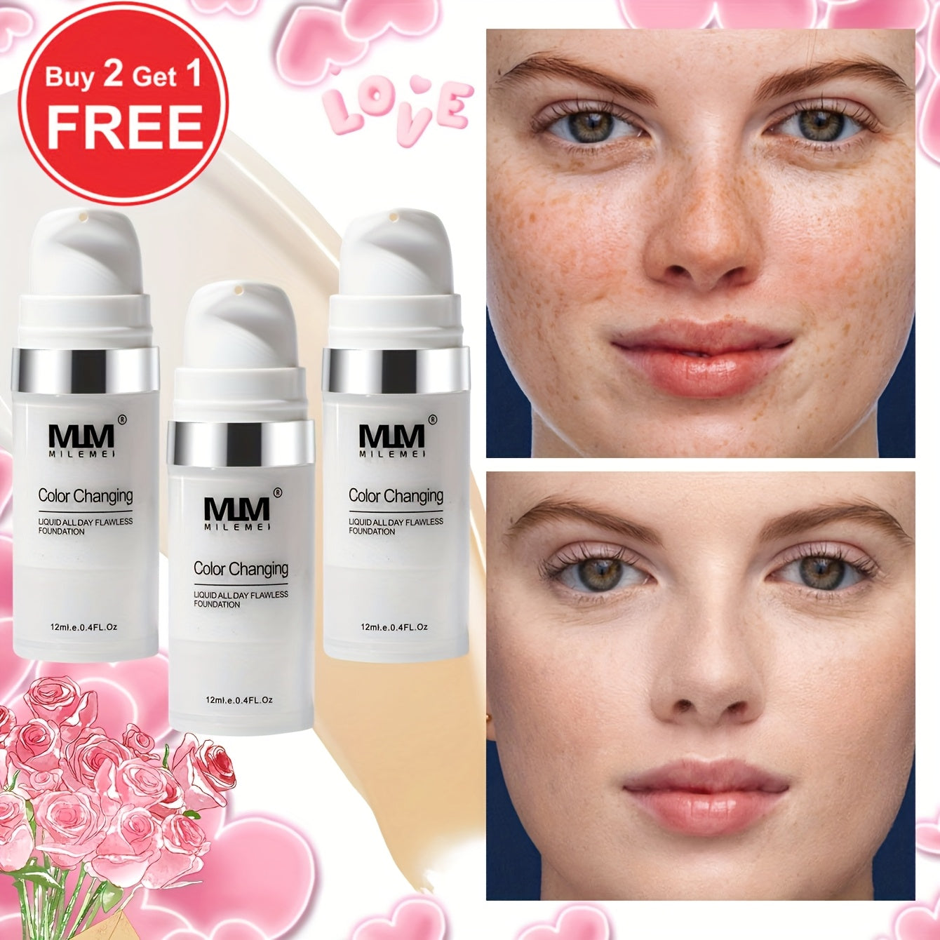 Color Changing Foundation BB Cream Set 3pcs Matte Oil Control Concealer Base Long Lasting Smudge Proof - Light Beige to Medium Shade Travel Size Makeup