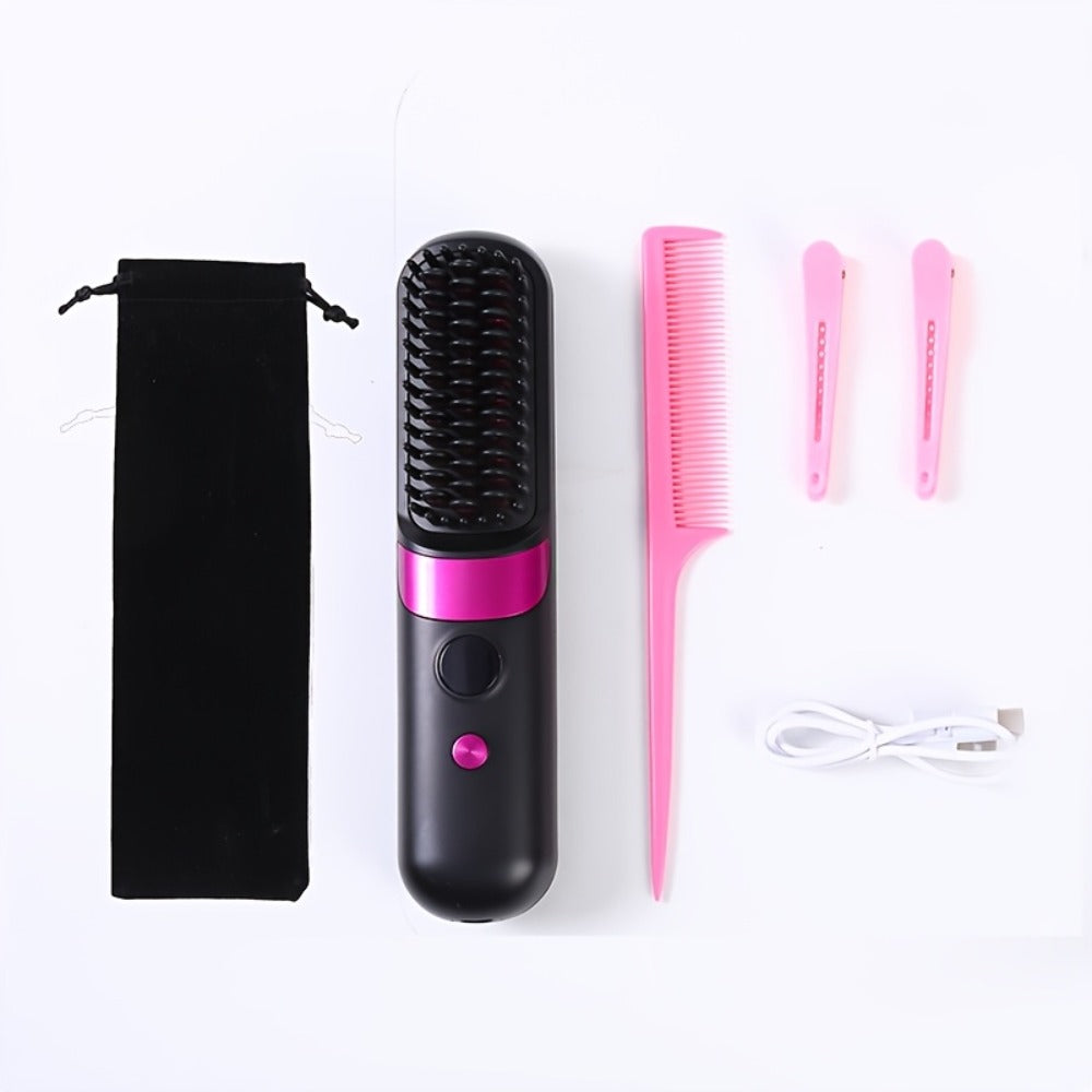 Cordless Hair Straightening Brush Portable Heated Straightener Comb USB Rechargeable Mini Travel Hair Straightener with Heat Protection for Women Men Beard Daily Use Gift