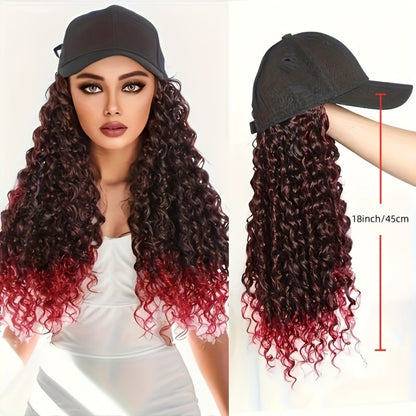 Baseball Cap Wig Afro Kinky Curly Long Synthetic - Adjustable Elastic Net Cap Hat and Wig Combo for Women 18 Inch Multi-Color