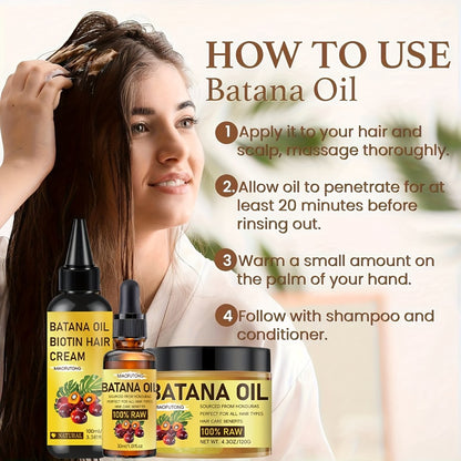 Batana Oil Hair Care Kit 3pcs — Pure Cold-Pressed Honduran Battana Hair Cream, Hair Oil & Essential Oil, Repairs Damage & Adds Shine, Nourishes Scalp, All Hair Types