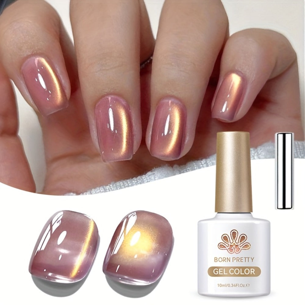 BORN PRETTY 0.34oz Nude Golden Glitter Cat Magnetic Gel Nail Polish with Ultra Shine in Two Colors, Semi-Permanent Gel Nail Supplies