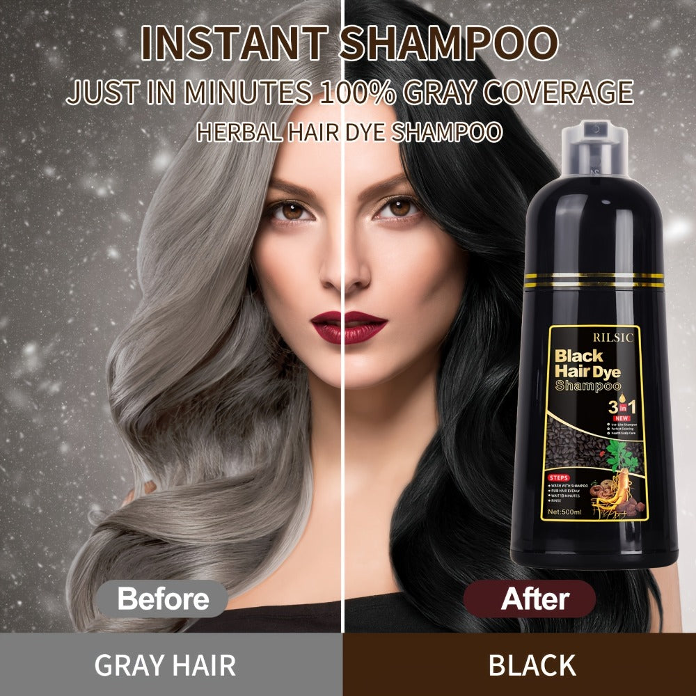 Hair Dye Shampoo 2 Pack Grey Hair 3-in-1 Herbal Plant-Based Squalane Colors in Minutes Kit with Gloves Earmuffs Headgear Shawl Black Brown 500ml Each