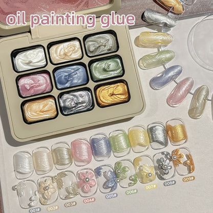 Pearlescent Nail Gel 9-Grid Shell Shimmer Cream Oil Painting Gel Polish - Mother of Pearl Spiral Design Multicolor Glitter Gel for Salon DIY Nail Art