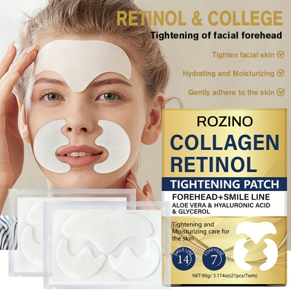 ROZINO 21pcs Collagen & Retinol Face Patches - Target Forehead & Smile Lines with Aloe Vera & Hyaluronic Acid for a Smooth, Happy Glow! Fun 7-Day Care Kit & Perfect Christmas Gift!