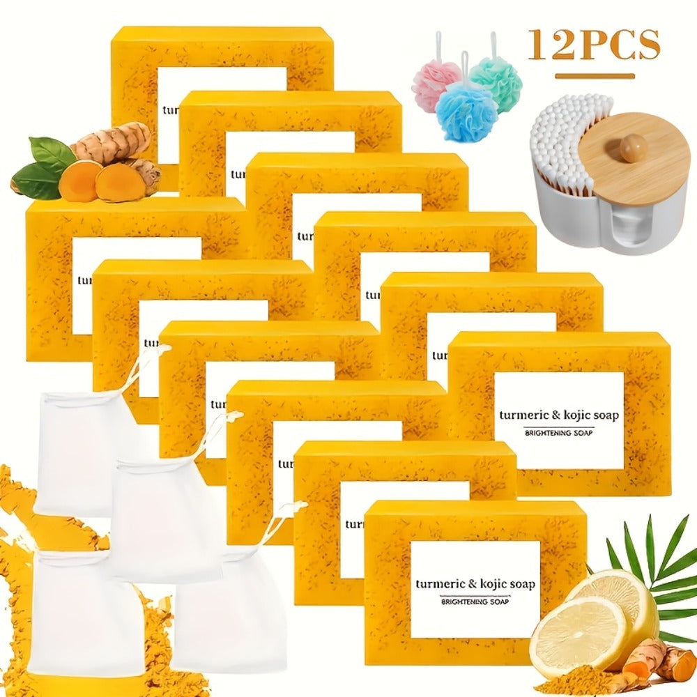 6/12/18pcs Handmade Cold - Processed Turmeric, Lemon & Kojic Acid Soaps For Cleansing - ForFace & Body -Foaming Net Included+Dopamine Bath Ball+ Swab+Towel. Deeply Cleanses, Hydrates, And Suits All Skin Types. Free Gift Of Four Tools.Bye, Dirt!