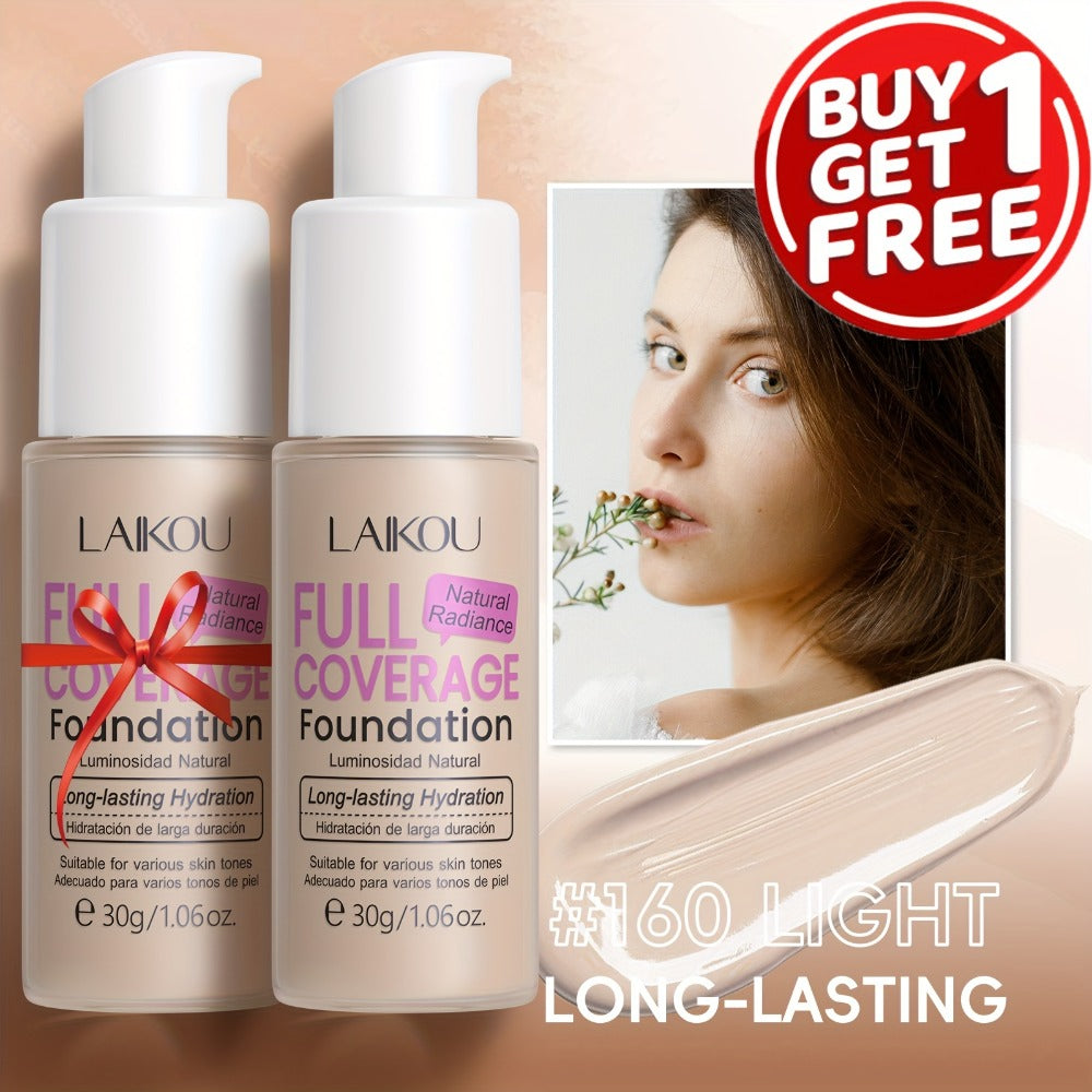 Foundation Full Coverage Hydrating Waterproof Long Lasting LALKOU with Hyaluronic Acid Pear Powder Invisible Pores Flawless Skin 6 Shades Ivory to Tan 2pcs