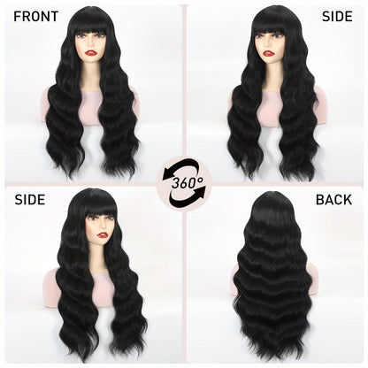 Long Body Wave Wig with Bangs Synthetic Black 28 Inch Heat Resistant Buckle Net Cap Natural Look Women Daily Wear Holiday Party Elegant