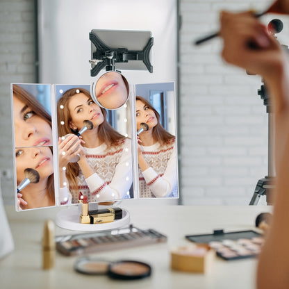 LED Lighted Trifold Makeup Mirror with 1X 2X 3X 10X Magnification, Touch Screen Vanity Mirror with Adjustable Brightness, USB Powered Folding Cosmetic Mirror for Bathroom Dressing Table
