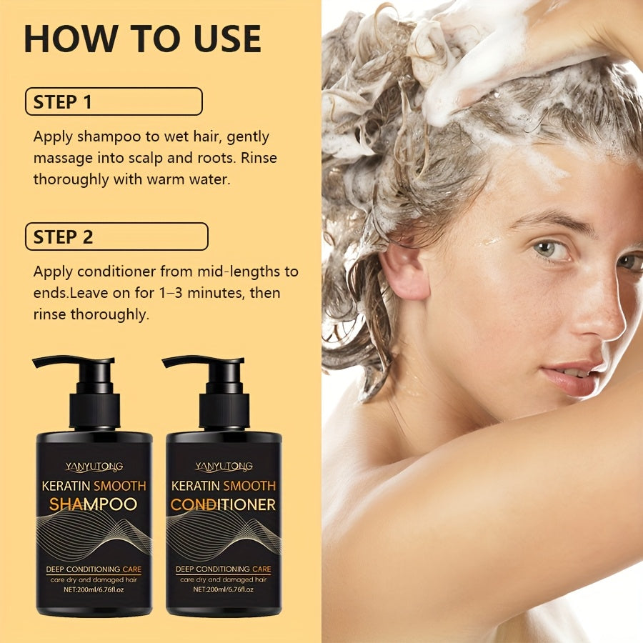 13.53oz Keratin Hair Care Set, 6.76oz Shampoo, 6.76oz Conditioner, Moisturizes Hair And Scalp, Prevents Breakage And Split Ends – Professional, for Hair Dyeing And Heat Damage, Home Hair Care, Creates Smooth