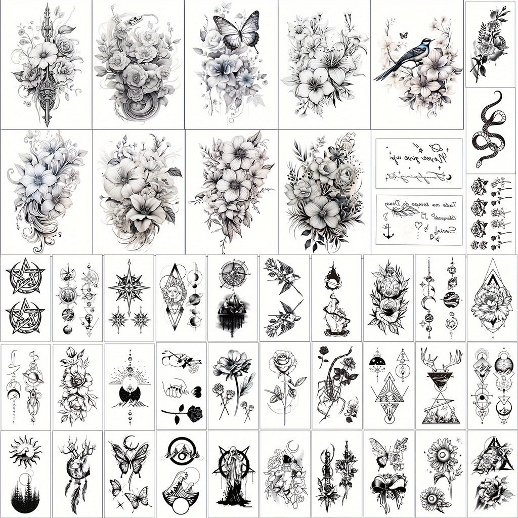 GLARYYEARS Temporary Tattoo for Women, 44-Pack Large+Small Size Realistic Flower Tattoos, Long-Lasting Fake Tattoo Stickers, Cool Black Body Half Arm Tattoos, Butterfly Snake Tattoo Design