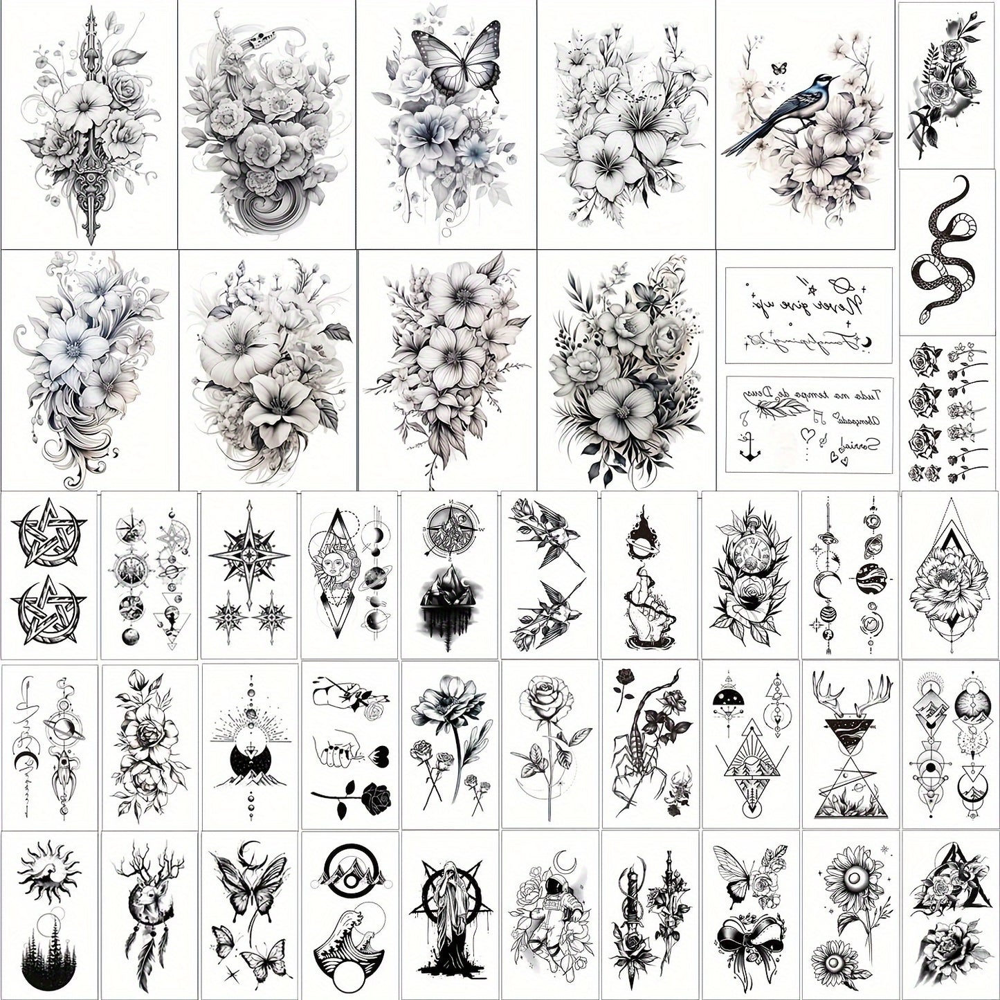 Temporary Tattoos for Women 44-Pack | Realistic Floral Butterfly Snake Half Arm Body Art Stickers | Large & Small Sheets Long-Lasting Fake Tattoo | Waterproof Black Flower Tattoo Design Set