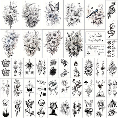 Temporary Tattoos for Women 44-Pack | Realistic Floral Butterfly Snake Half Arm Body Art Stickers | Large & Small Sheets Long-Lasting Fake Tattoo | Waterproof Black Flower Tattoo Design Set