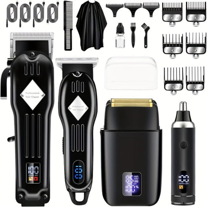 Grooming Combo Set for Men Hair Clipper Foil Shaver Detail Trimmer Adjustable Blades USB Rechargeable LCD Display Complete Accessories Home Barbershop Kit