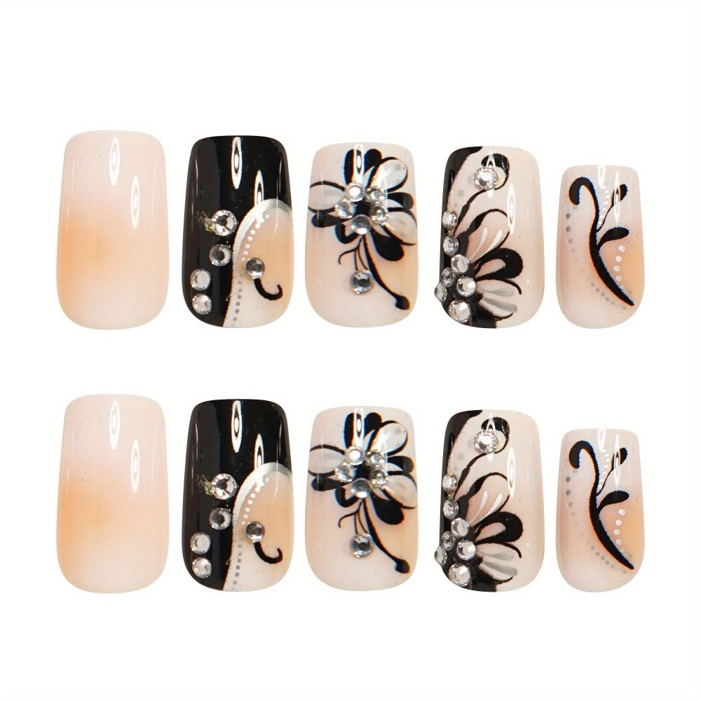 48pcs Black and White Suit Fake Nails Square French and Butterfly Pattern Full Coverage Fake Nails Fake Nails Detachable Nail Suit Is an Excellent Choice for Ladies and Valentine's Day Thanksgiving Holiday Party Gifts.
