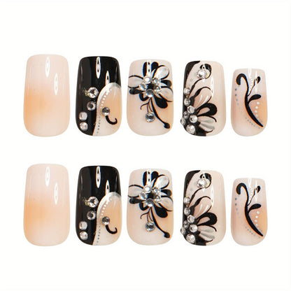 Press On Nails 48 Pieces - Black and White Square Matte Fake Nails | French Tip Butterfly Pattern Full Cover Detachable False Nails for Women, Valentine's Day Thanksgiving Holiday Party Gift Set