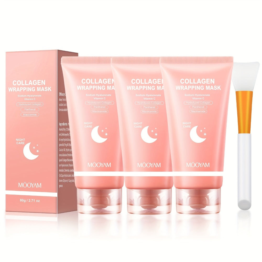 2pcs/3pcs Collagen Night Mask with Brush - Elasticity and Moisturizing Care, Contains Hydrolyzed Collagen, Niacinamide, Sodium Hyaluronate and Vitamin C - Korean Skincare Product Formulas, 2. 71oz