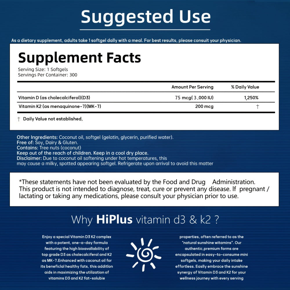 Vitamin D3 3000 IU And K2 (MK-7) 75Mcg Softgels | 300 Virgin Coconut Oil Capsules | Supports Calcium Absorption, Bone, Immune, And Heart Health | Easy to Swallow