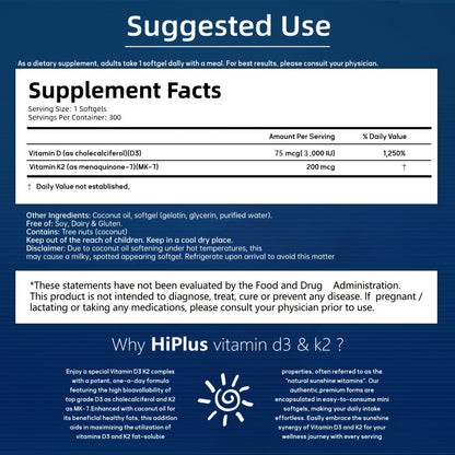 Vitamin D3 3000 IU K2 MK-7 75mcg 300 Softgels with Virgin Coconut Oil Calcium Absorption Bone Immune Heart Health Double Strength Daily Supplement Easy Swallow