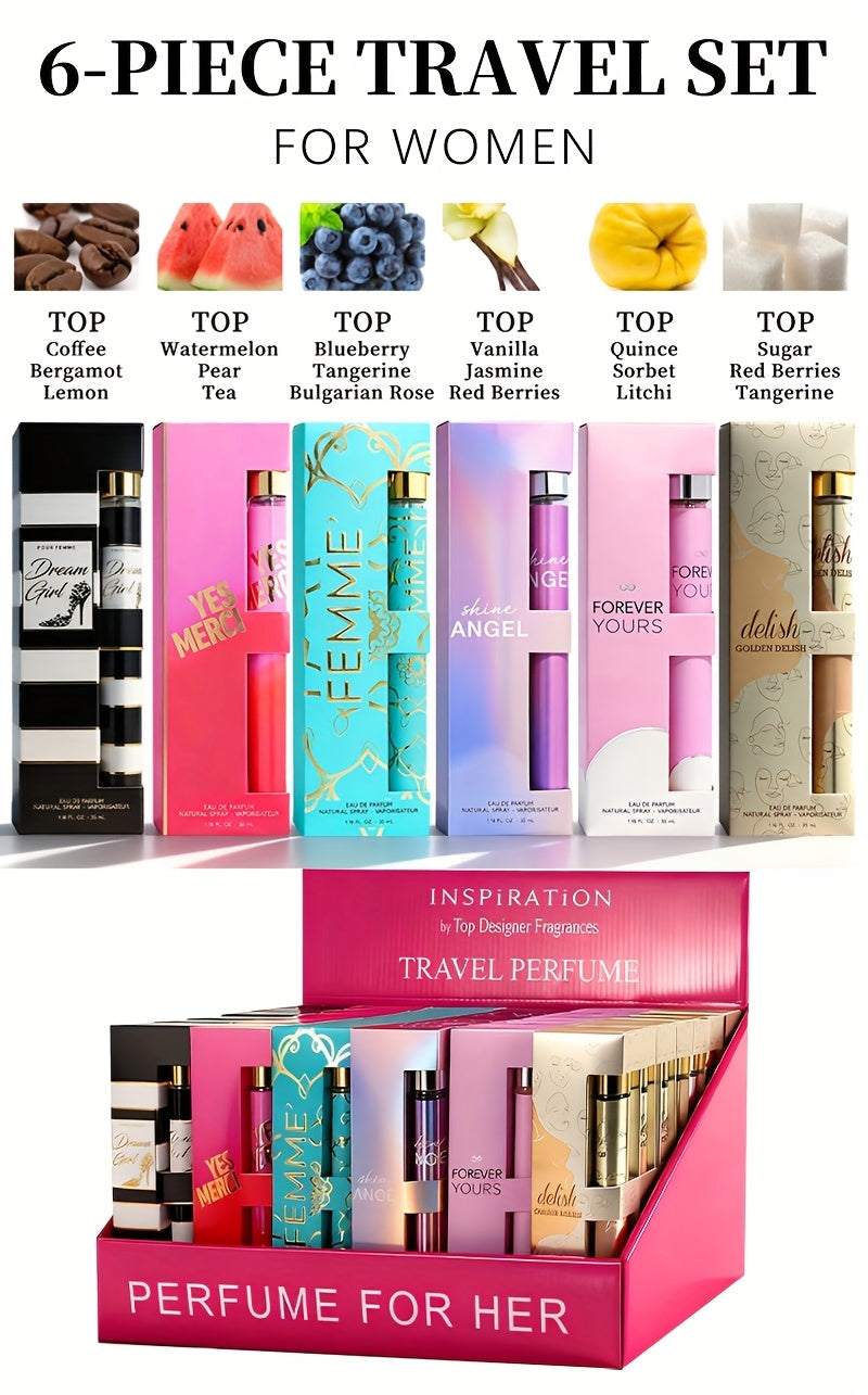 6pcs Travel Set, Women'S Eau De Parfuma Spray, Long-Lasting Fragrance, 6 Different Flavors, Perfect for Holiday Gifts, Dating, Daily Life, Parties, 1.18 Fl Oz/Bottle