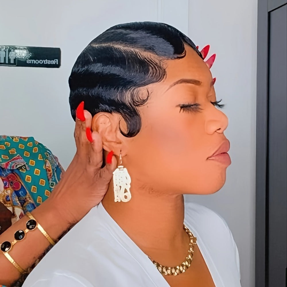 Short Human Hair Wig Pixie Cut Finger Wave Deep Ocean Wave Brazilian Virgin 180% Density Rose Net Cap Women 1B 613 Blonde Party Ready
