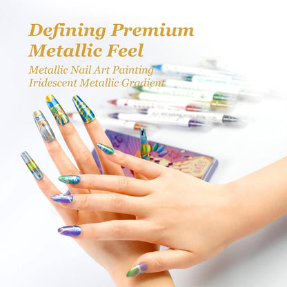 Nail Art Pens Set 10 Colors Metallic with 12pcs Nail Stickers - Dual-Headed 3D Nail Polish Markers Acrylic Doodle Dot Stitching Graffiti Pens for Home Salon Gift