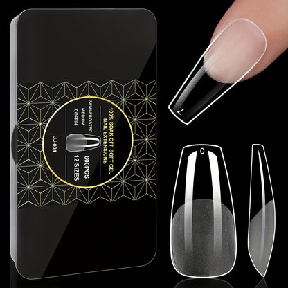 Soft Gel Nail Tips 600 Pieces - Clear Crystal Full Cover False Nails for Extensions | Almond Oval Square Coffin Stiletto Short Medium Long, Semi-Gloss Transparent Nail Tips for Nail Art Salon & DIY