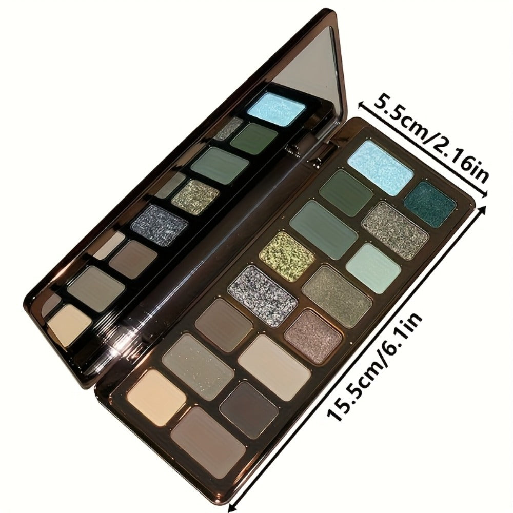 Eyeshadow Palette 16 Colors - Smoky Retro Matte Glitter Pearlescent Shades, Gray Green Earthy Tones with Highlight Blush, Compact Travel