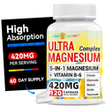 5-in-1 Magnesium Complex + Vitamin B6 Supplement - 420MG - High Absorption Magnesium Supplement for Sleep, Nerves, Muscles, Bones, 120 Capsules