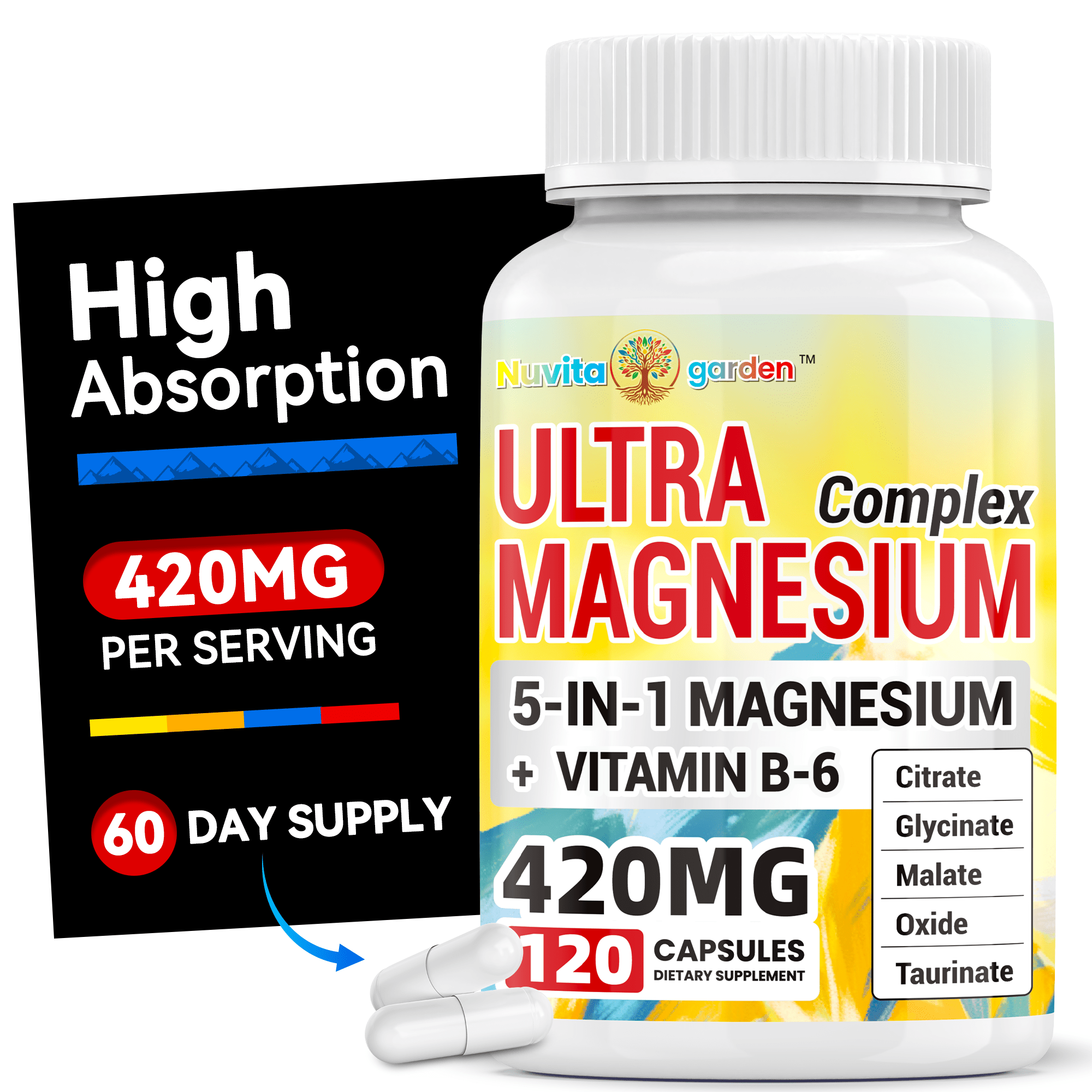 5-in-1 Magnesium Complex + Vitamin B6 Supplement - 420MG - High Absorption Magnesium Supplement for Sleep, Nerves, Muscles, Bones, 120 Capsules