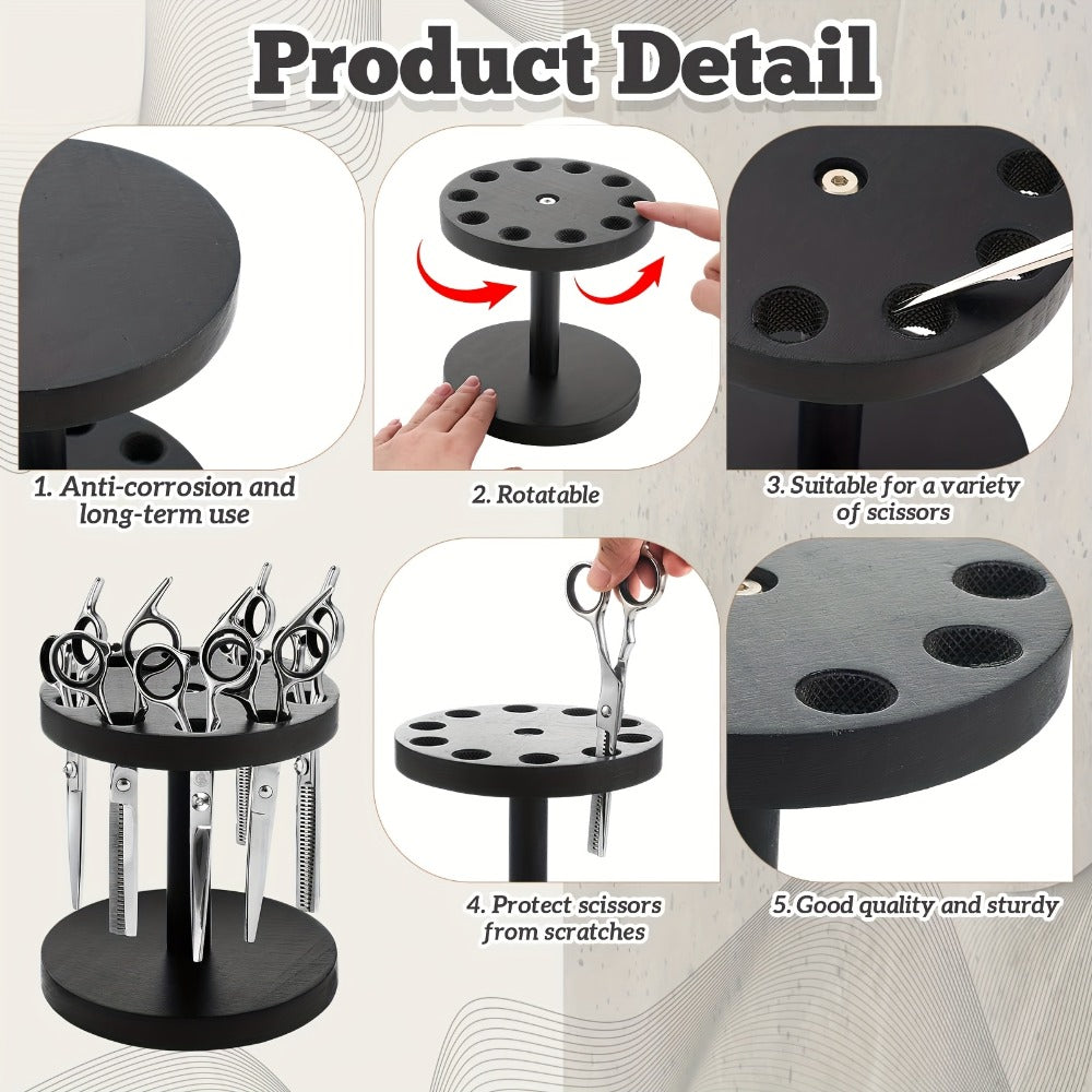 360 Degree Rotating Scissor Holder with 10 Diameter 0.71'' Hole Wooden Barber Shears Holder Salon Hair Stylist Container Stand for Barbershop Grooming Tool Storage