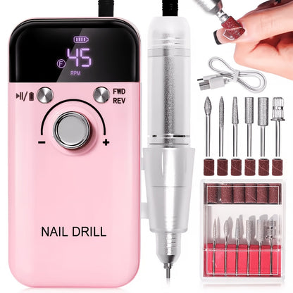 Professional Nail Drill 45000 RPM Rechargeable Electric Nail File Kit Low Noise with Drill Bits & Sanding Bands Manicure Pedicure Polishing Set for Salon Home
