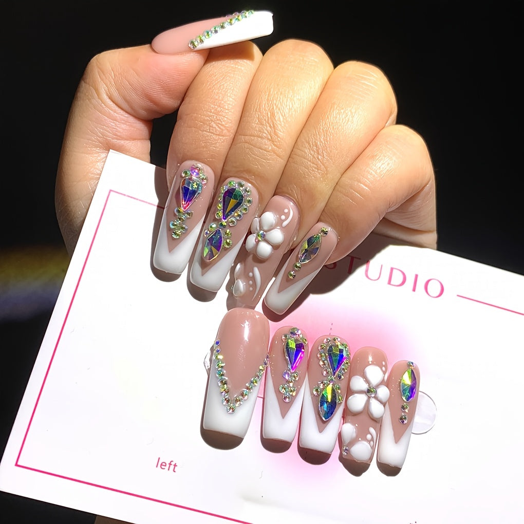 10pcs Luxury Press-On Nails Set, 1.18inch Square French Tip with AB Rhinestones And Handcrafted Floral Design, Glossy End, Nude And White, Perfect for Weddings, Parties, Valentine'S Day, Birthdays, Christmas Gifts