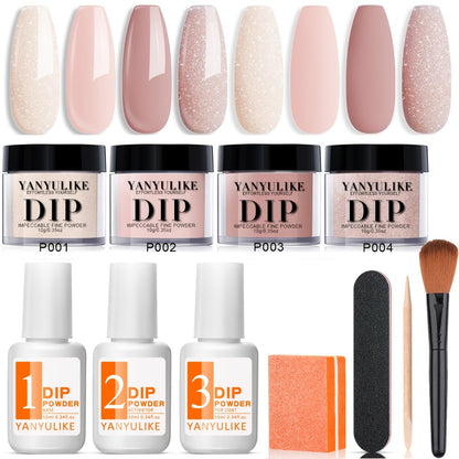 Dip Powder Nail Kit for Beginners 4 Nude Shimmer Colors with Base Coat Top Coat Activator Complete Nail System Home Salon DIY Nail Designs