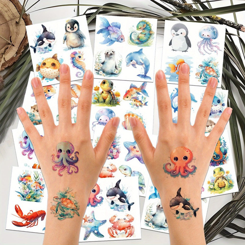 12 Sheets 48 Designs Temporary Tattoo Stickers - Cute Ocean Animals & Underwater World Cartoon Designs, Vibrant High Quality Body Art for & Adults, Birthday Party Supplies, Summer Beach Festivals, Marine Life Theme Events, Birthday Tattoos | Cute Sea Crea