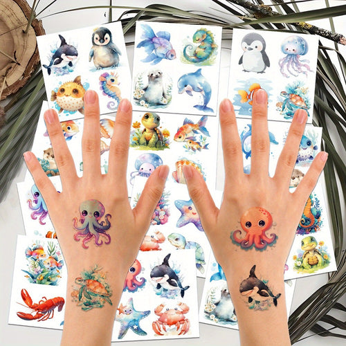 Temporary Tattoo Stickers Ocean Animals Underwater World Cartoon Cute Sea Creatures Vibrant Body Art for Kids Adults Birthday Party Summer Beach 12 Sheets 48 Designs