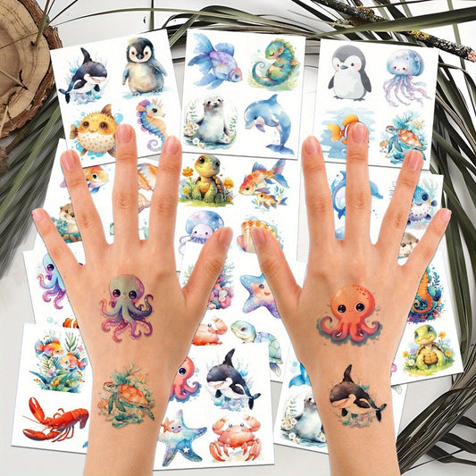 Temporary Tattoo Stickers Ocean Animals Underwater World Cartoon Cute Sea Creatures Vibrant Body Art for Kids Adults Birthday Party Summer Beach 12 Sheets 48 Designs