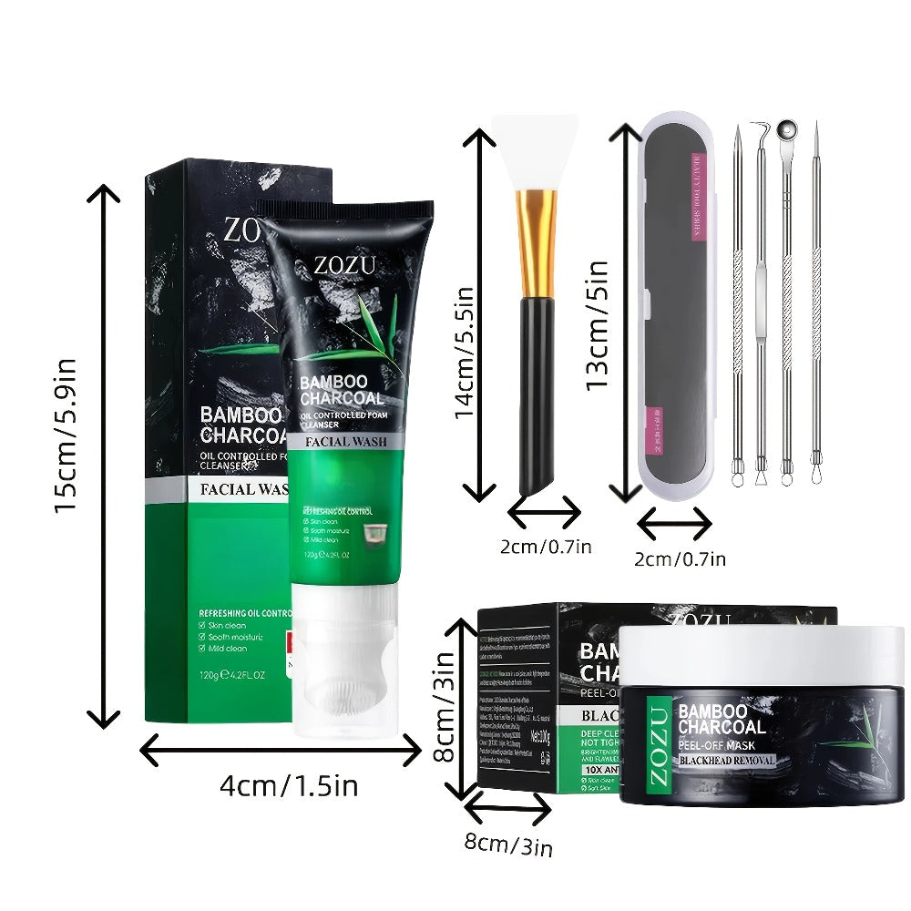 Bamboo Charcoal Pore Cleansing Kit 4pcs Deep Pore Cleanser Mask Oil Control Face Wash Cleansing Essence Extraction Brush - Daily Skincare Set All Skin Types