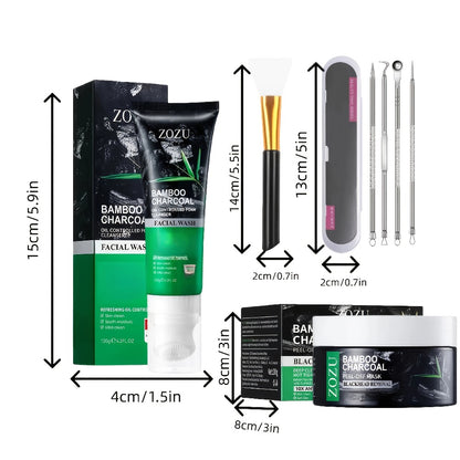 Bamboo Charcoal Pore Cleansing Kit 4pcs Deep Pore Cleanser Mask Oil Control Face Wash Cleansing Essence Extraction Brush - Daily Skincare Set All Skin Types