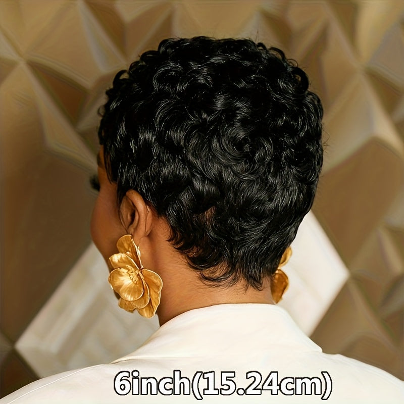 Brazilian Remy Human Hair Wig - Short Curly Pixie Cut with Bangs, 180% Density Glueless Natural Black Bob Wig, Layered Loose Curly Hairpiece for Caucasian/Black/African Descent, Machine-Made for Comfortable Daily Wear & Low