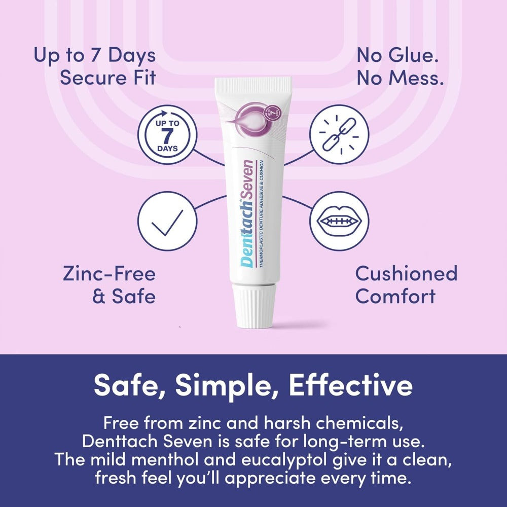 2 Pack Denttach Seven Denture Adhesive, Thermoplastic Non Glue Grip 7 Day Hold Cushion, Cushion Soft Reliner for Upper and Lower Dentures, Comfortable, Secure Grip, Zinc Free .71 oz. each