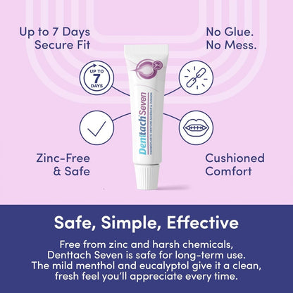 Denture Adhesive 7-Day Hold Thermoplastic Cushion Reliner Zinc-Free No-Glue Secure Grip for Upper Lower Dentures Comfortable All-Day Wear Denttach 2 Pack 0.71oz Each